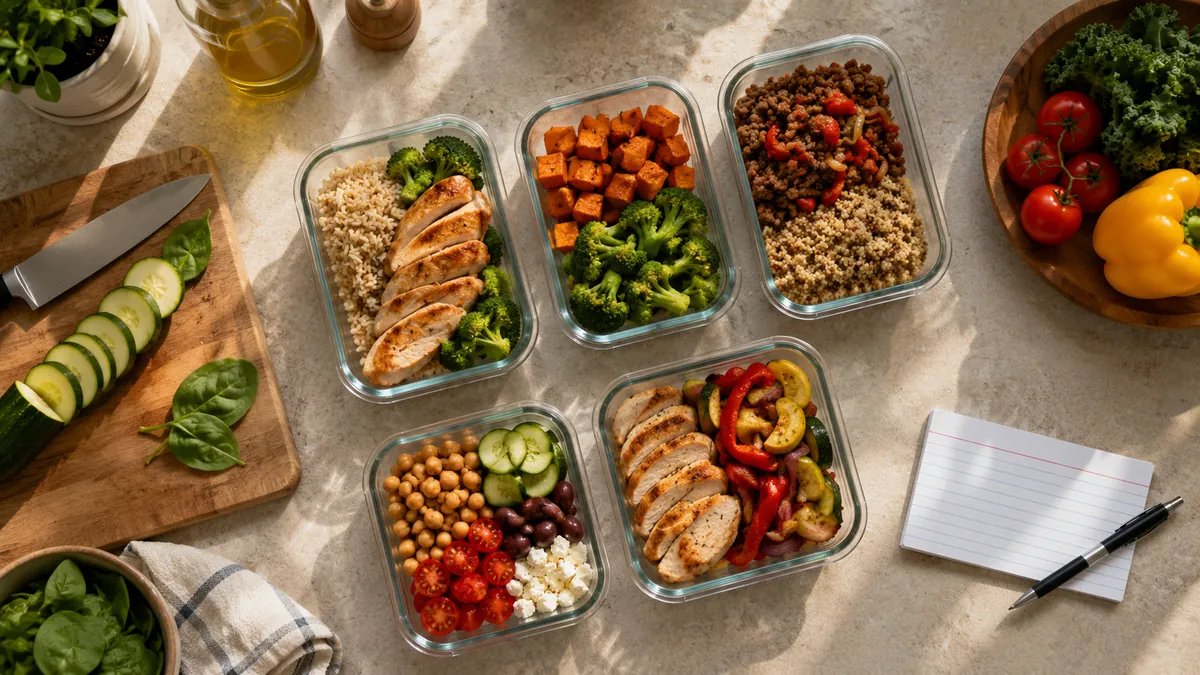 Meal-prep containers and fresh vegetables on a kitchen counter
